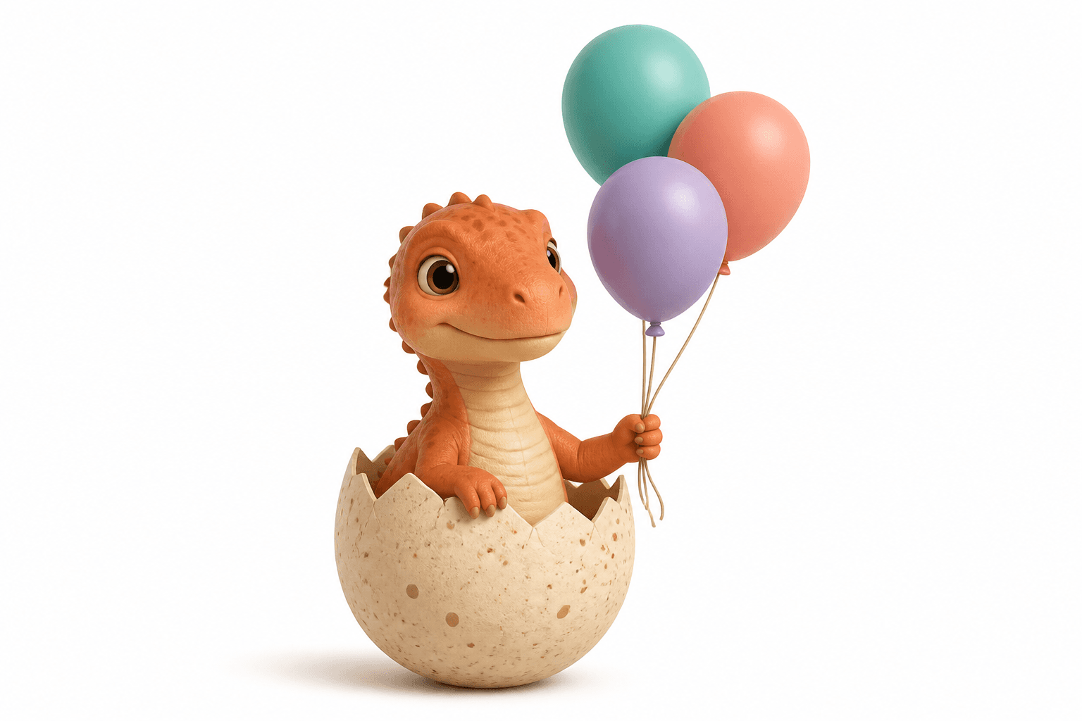 PartyHatch mascot: a small dinosaur hatching from a speckled egg, holding balloons